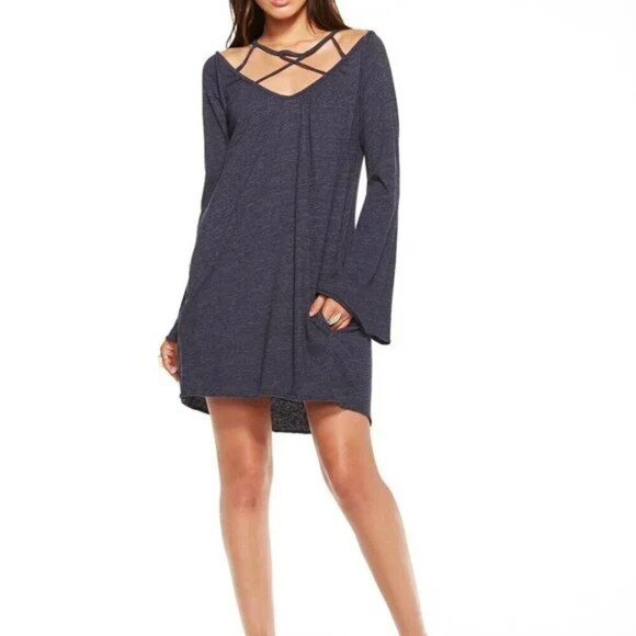 NWT CHASER Navy Blue Jersey Bell Sleeve Strappy Mini Bohemian Dress Size Medium - Picture 1 of 7